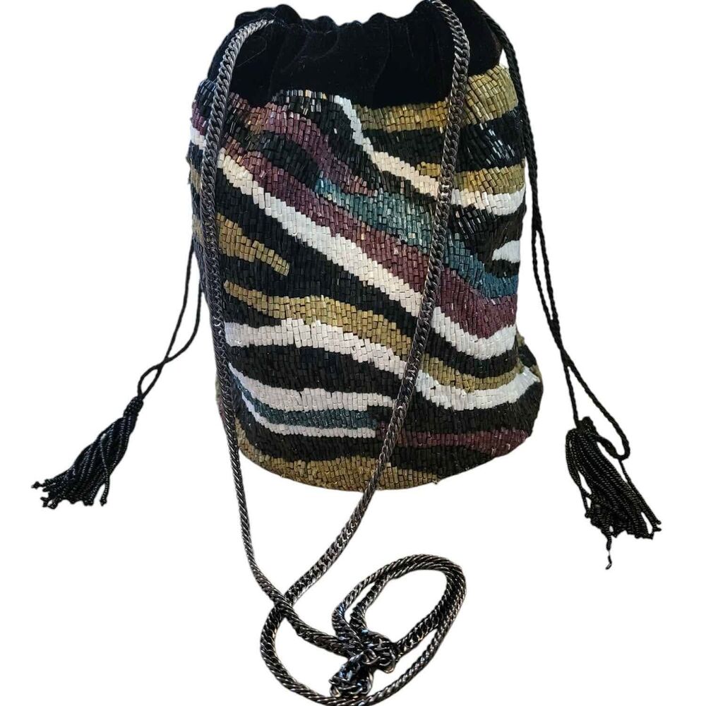 NWT Unique Zara Beaded Black Velvet Bucket Bag Crossbody with Dustbag